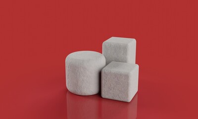 3D Digital render of three stone or concrete pedestals for product showcase or advertisement background. Neutral blended backdrop. Natural stone digital render