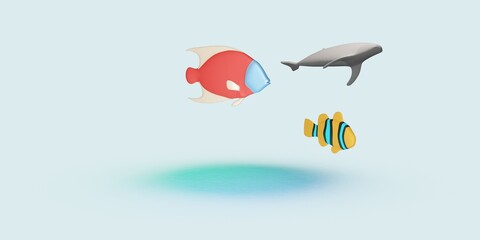 3D Digital Render of a variety of 3 fishes against a plain backdrop - neutral low Poly - conservation nature ocean concept