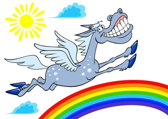 Cartoon joyful pegasus. Vector color image of pegasus and rainbow. Cartoon pegasus jumps over the rainbow. Illustration isolated on white.