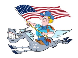Fototapeta premium Vector color image of a cowboy with a horse. Cheerful cartoon cowboy with USA flag gallops on a funny horse. American cowboy on horseback. Joyful cowboy on a horse, illustration isolated on white.
