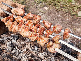 Cooking meat skewers on an open fire. Summer vacation outside the city.