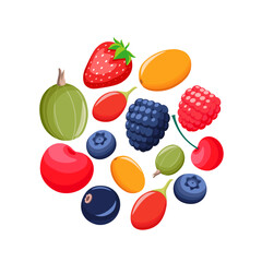 Set of different berries in circle flat vector style. Collection of berries. Strawberry, raspberry, blueberry, gooseberry, currant. Isolated design on white background.	
