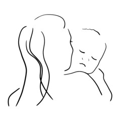 Parents and child: mother holds son in her arms. Silhouettes of people, drawn with separate lines. Family black and white minimalistic drawing