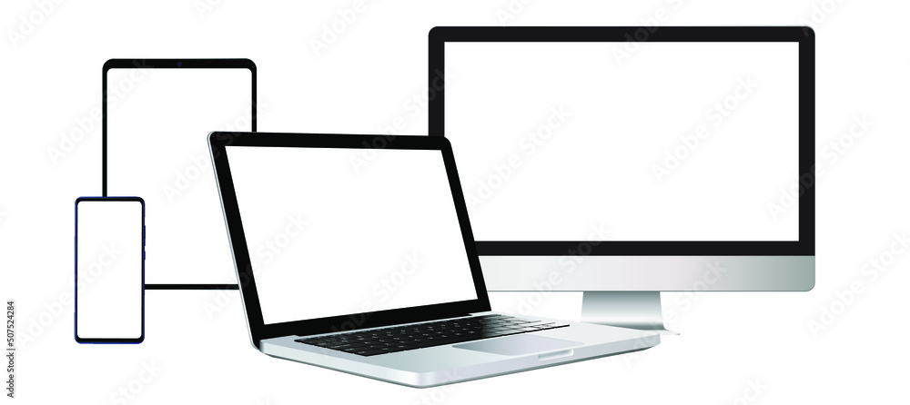 Wall mural set of realistic design of different devices: desktop, laptop, tablet and smartphone with a blank em