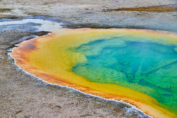 Blue and yellow alkaline waters of Yellowstone pools in basin