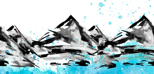 Black silhouette of mountains and red sun on an isolated white background. The drawing is made in black paint, watercolor, ink. In the style of Chinese painting.
Abstract splash of paint. 