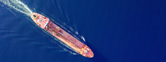 Aerial drone ultra wide photo of latest technology in safety standards crude oil tanker cruising...
