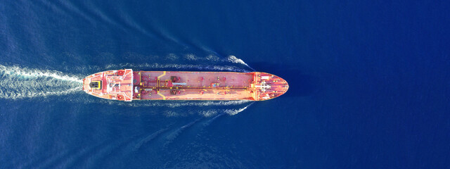 Aerial drone ultra wide photo of latest technology in safety standards crude oil tanker cruising...