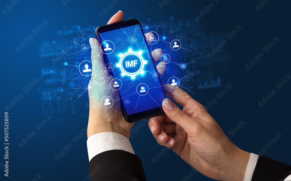 Poster hand using smartphone with technology concept