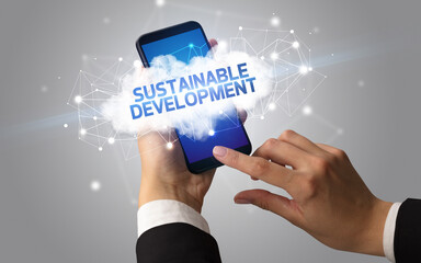 Hand using smartphone with cloud business concept