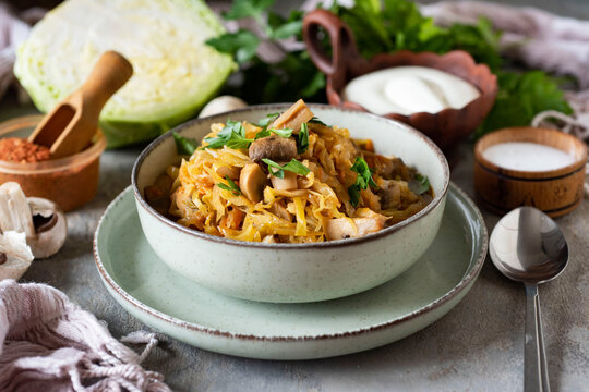 Delicious and hearty family lunch: cabbage stewed with vegetables, fresh herbs and mushrooms in a beautiful plate with a bowl of sour cream on a gray background. Close-up.