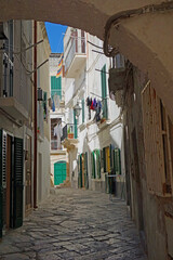 A typical traditional picturesque whitewashed street in the old fishing town of Monopoli in...