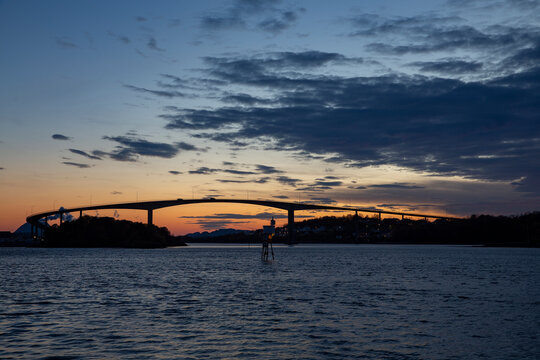 Sunset over the Brønnøysund bridge , Northern Norway,Europe	