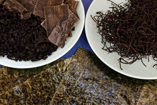 Assortment of dry dehydrated seaweed. Asian cuisine ingredient.