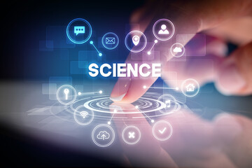 Finger touching tablet with web technology icons concept