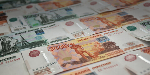 Russian ruble. Pattern of banknotes 5000 rubles. Money background.