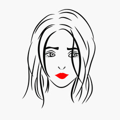 Hand drawn portrait of a girl. Beautiful woman linear illustration. Woman logo on white background