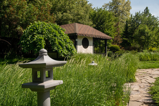  Idyllic view on Pavilion of the Japanese Garden in the Botanical Garden in Almaty. topiary elm- Greenery in Early May. Elm tree