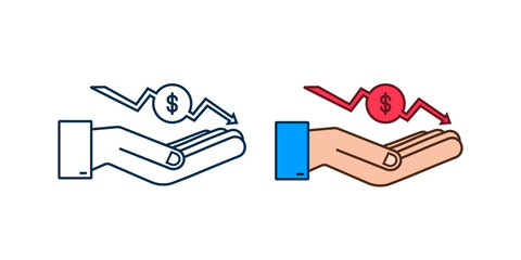 Money loss sign in hands. Cash with down arrow stocks graph, concept of financial crisis, market fall, bankruptcy. Vector stock illustration.
