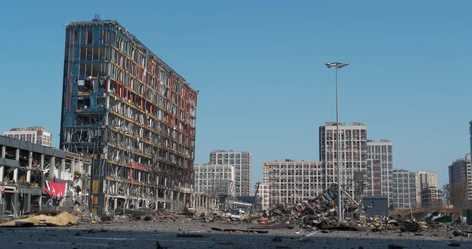 Russian missile destroyed shopping and entertainment center Retroville in Kyiv on March 20, 2022. After bombing. War in Ukraine. Terror and genocide of Ukrainian people