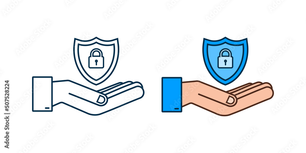 Poster cyber security vector logo with shield and check mark. hands holding cyber secure sign. internet sec