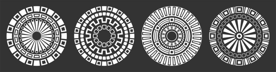 Set of four abstract circular ornaments. Decorative patterns isolated on black background. Tribal ethnic motifs. Stylized sun symbols. Stencil tattoo and prints Vector monochrome illustration.