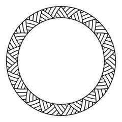 Abstract round meander, circular geometric ornament, striped frame from triangles. Stencil. Isolated on white background. Place for text. Vector monochrome template for invitations, greeting cards.