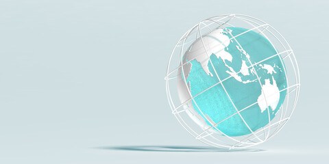 A globe with a cage around it, to protect it, placed on a white outdoor surface.3d illustration