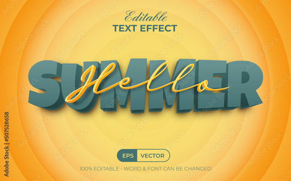 Poster hello summer text effect cartoon style. editable text effect.