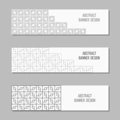 Set of 3 abstract vector banner templates. Banners with geometric elements, shapes, square blocks. Place for text. White and gray colors. Vector illustration.