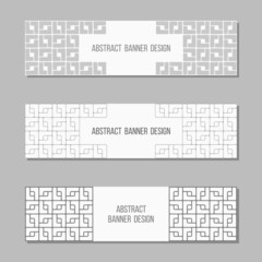 Set of 3 abstract vector banner templates. Banners with geometric elements, shapes, square blocks. Place for text. White and gray colors. Vector illustration.