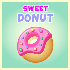 A poster with a picture of a donut. A postcard, a sign, a banner.