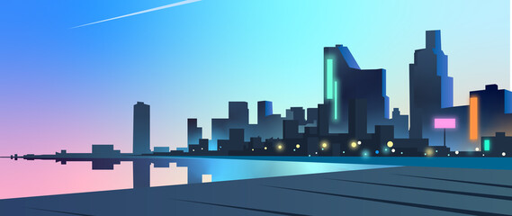 The city at sunset. Futuristic landscape. Neon light. Reflected in the water. Deep blue sky. Skyscrapers. sci-fi city background. Vector illustration © Дмитрий Макаренко