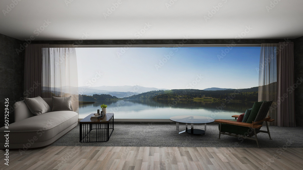 Aufkleber beach living in a simple and modern workspace in the background of a beautiful lake in summer. -3d r