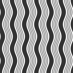 Vertical wavy stripes vector seamless pattern. Repeated lines, wavy flow black and white background. Dynamic movement of waves, curve stripes.