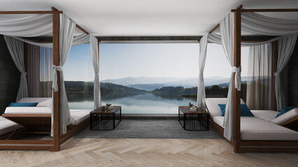 Luxury Beach bedroom - Modern and Luxury on vacation on summer holidays with a stunning lakeside view. -3d Rendering