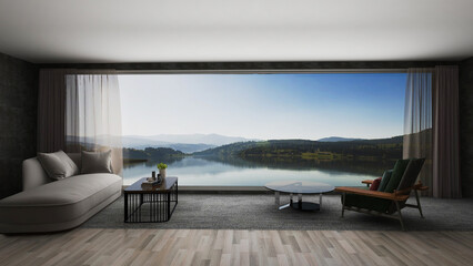 Beach living in a simple and modern workspace in the background of a beautiful lake in summer. -3d Rendering