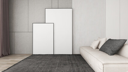 White frame mockup interior in modern with sofa vintage pastel hipster minimalism loft. -3d Rendering
