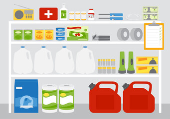 A set of emergency supplies, hurricane and disaster preparedness items on shelving in storage location.
