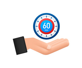 The 60 minutes, stopwatch vector hand icon. Stopwatch icon in flat style, timer on white background. Vector illustration.