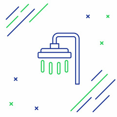Line Shower head with water drops flowing icon isolated on white background. Colorful outline concept. Vector