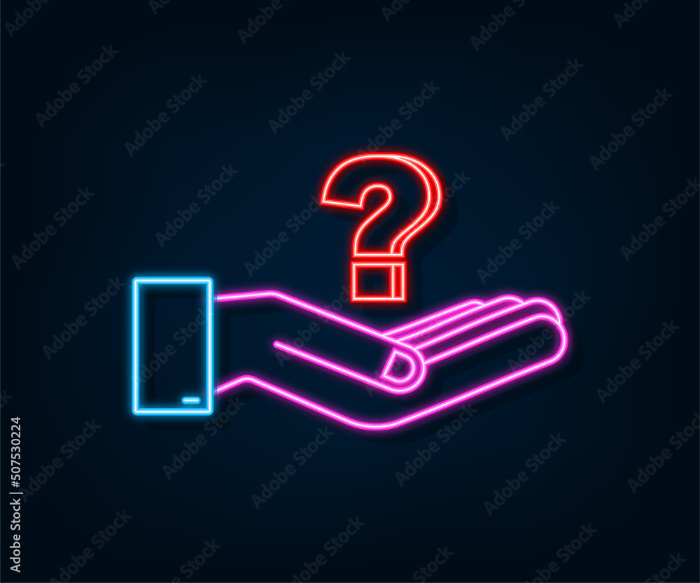 Poster neon question mark in hands for concept design. technology vector illustration. abstract isometric i