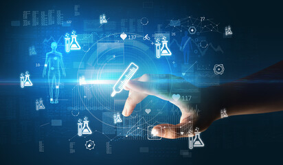 Doctor hand pressing futuristic health device with medical symbol on screen
