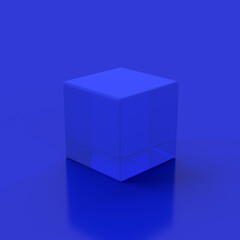 Blue glass cube. Blue background. Abstract illustration, 3d render.