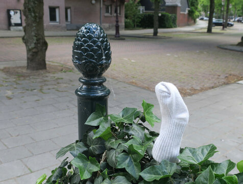 lost white baby sock put on a gate near the Vondelpark