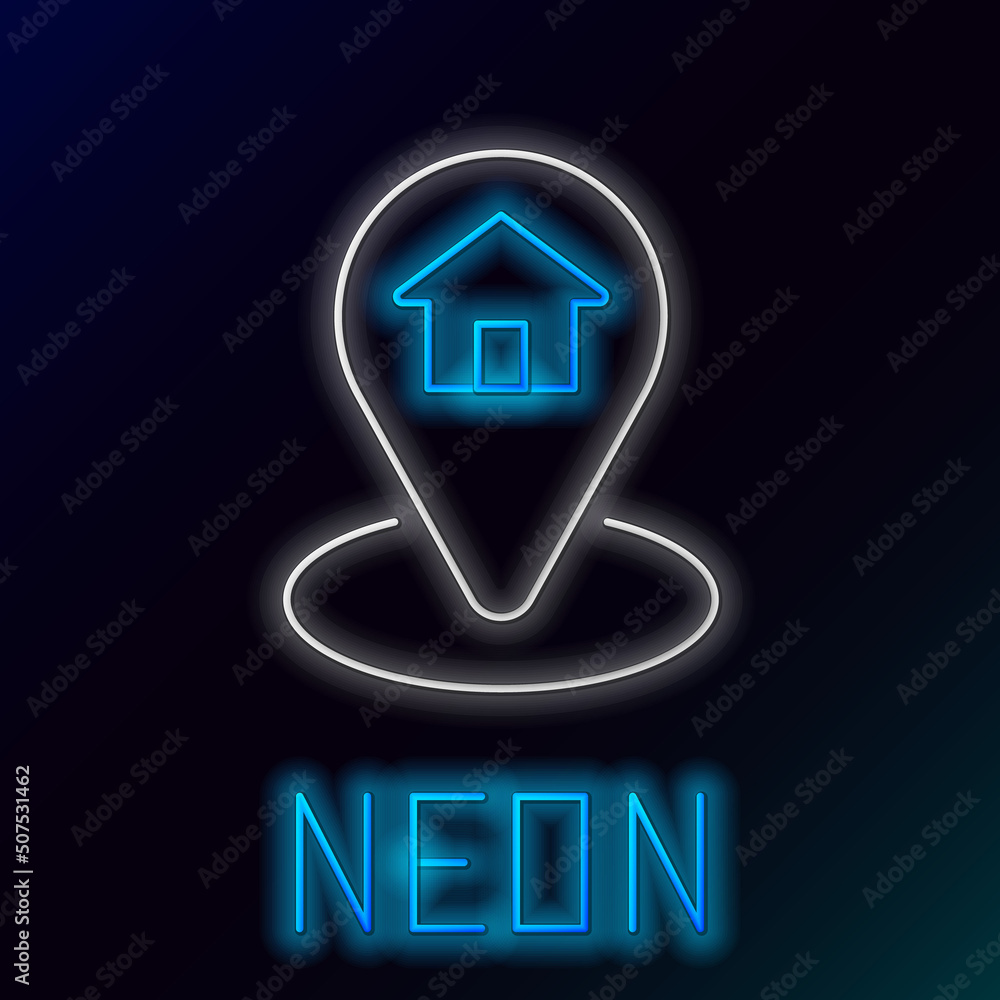 Poster glowing neon line map pointer with house icon isolated on black background. home location marker sym