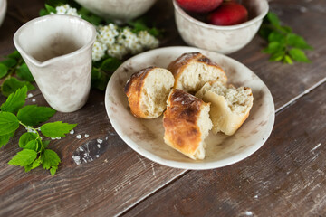 Fresh homemade baguette bread on wooden table. Healthy vegan eco food concept	