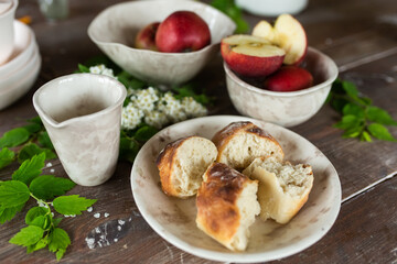 Fresh homemade baguette bread on wooden table. Healthy vegan eco food concept	