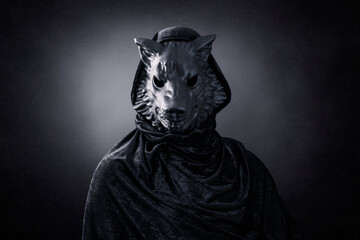 Wolf in hooded cloak at night over dark misty background