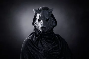 Selbstklebende Fototapeten Wolf in hooded cloak at night over dark misty background © Jakub Krechowicz